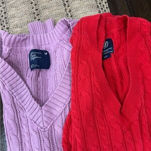 2 Vintage American Eagle Outfitters Pink and Red V-Neck Sweater